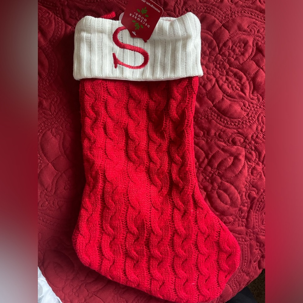 December Home monogram stocking. (Red, white). New.